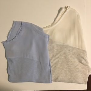 Two tan and blue tops.